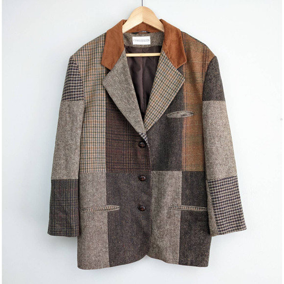 Vintage Jackets & Blazers - Vintage Charles Klein Patchwork Blazer Coat Suede Houndstooth Tweed Brown 12